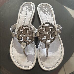 Tory Burch Silver Sandals with Iconic Logo >>USED<< No Box
